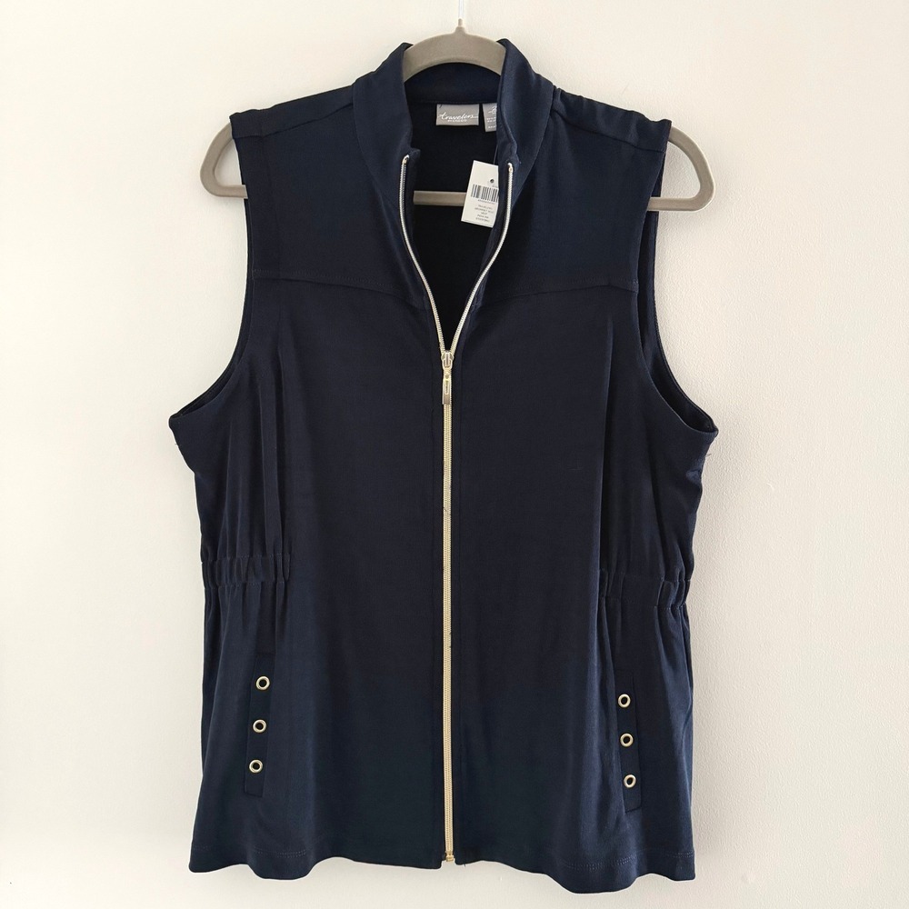 Chicos Travelers Grommet Vest India Ink Navy Blue Full Zip Mock Neck Sz 2 LG NEW